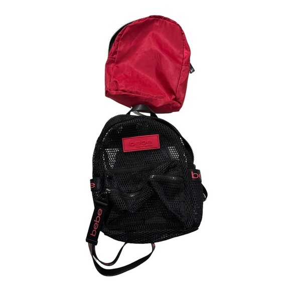 Bebe Manny Small Backpack Women Black & Red Nylon Polyurethane Webbing Bag NWT main image 9